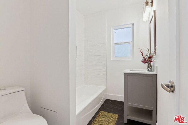 full bathroom with toilet, shower / tub combination, tile patterned floors, and vanity