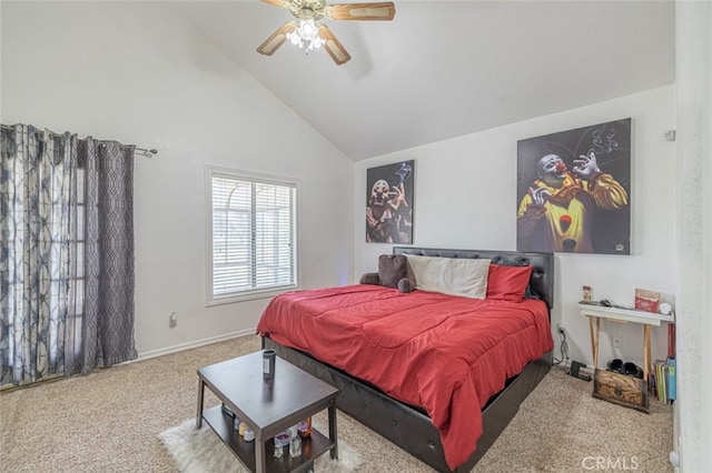 bedroom featuring ceiling fan, carpet floors, and high vaulted ceiling