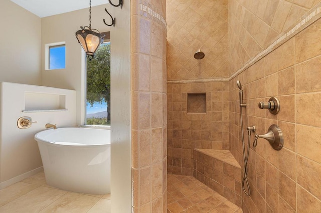 bathroom featuring tile patterned floors and plus walk in shower