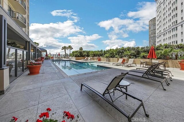 view of swimming pool with a patio area