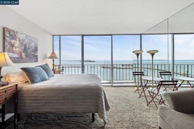 carpeted bedroom featuring a water view and a wall of windows