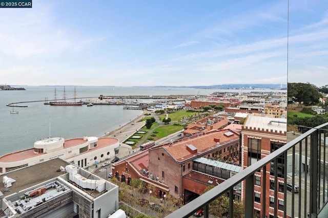 aerial view featuring a water view