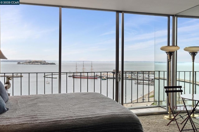 bedroom featuring a water view, expansive windows, and multiple windows