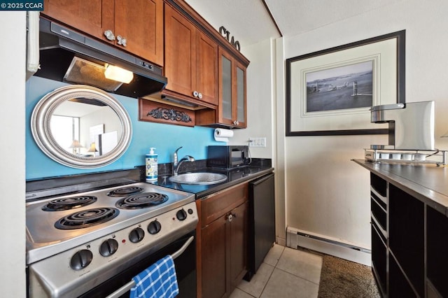 kitchen with light tile patterned floors, a baseboard heating unit, range with electric cooktop, and sink