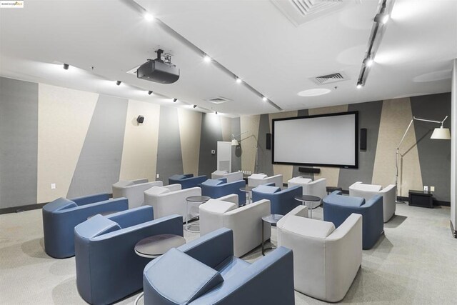 cinema room with light colored carpet