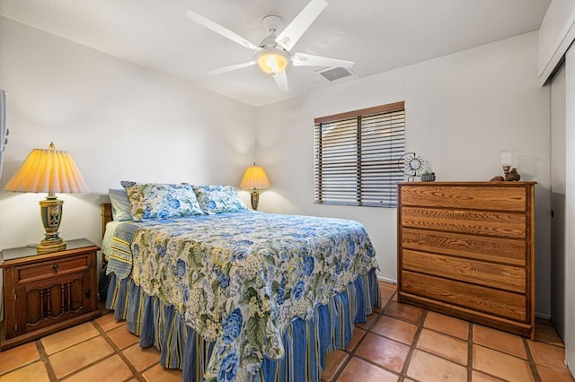 bedroom with ceiling fan and tile patterned flooring