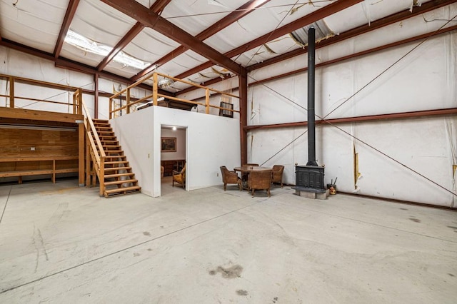 garage featuring a wood stove