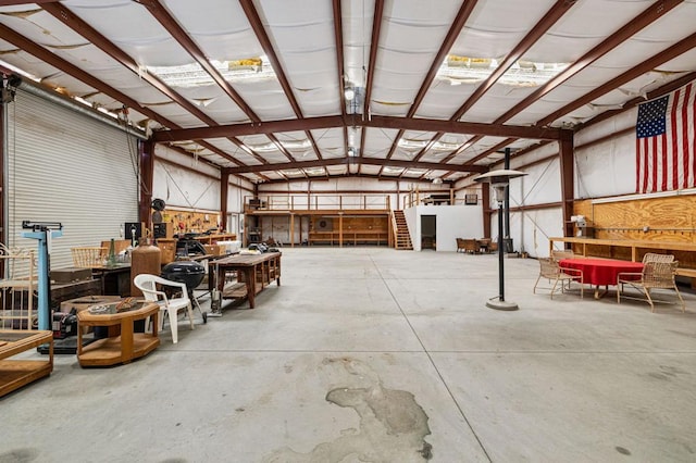 garage with a workshop area