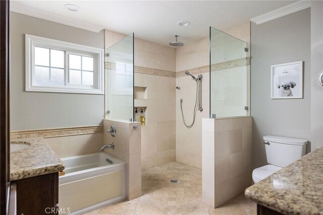 full bathroom with tile patterned floors, vanity, toilet, ornamental molding, and independent shower and bath