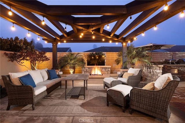 view of patio with an outdoor hangout area and a pergola