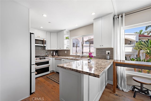 kitchen with dishwashing machine, white cabinetry, double oven range, sink, and kitchen peninsula