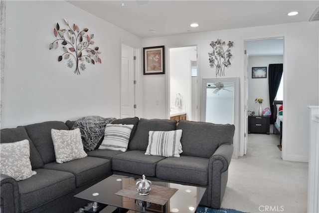 1714 Graybark Ave, Clovis, CA 93619 - living area with recessed lighting, visible vents, light colored carpet, and a ceiling fan