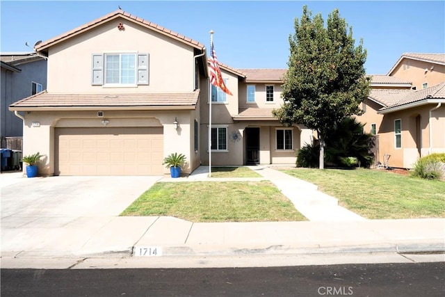 view of front of property with central AC unit, a garage, and a front lawn