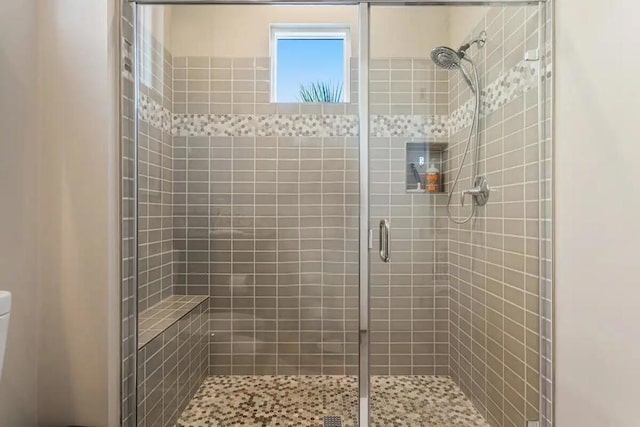 bathroom with toilet and an enclosed shower