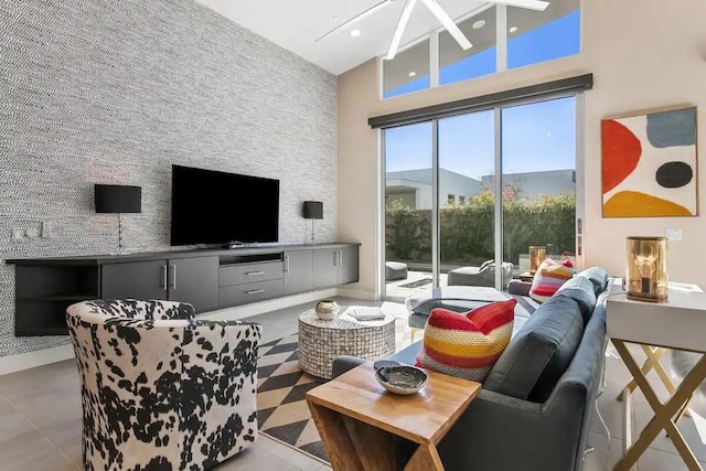 living room with a high ceiling