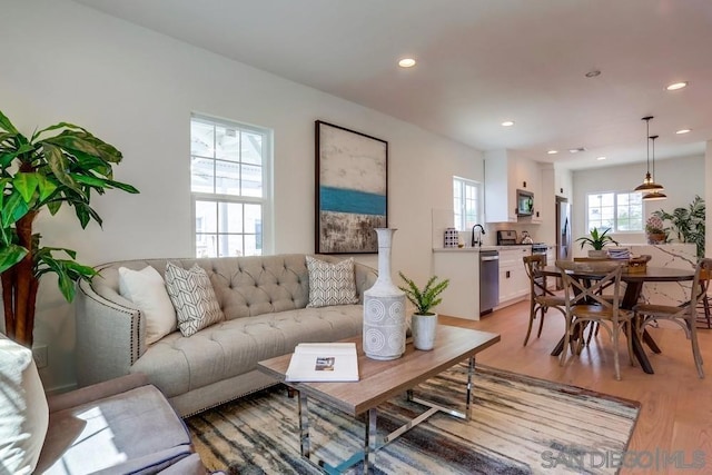 living room with light hardwood / wood-style floors and sink