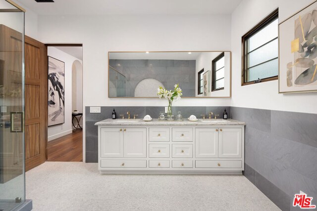 bathroom featuring walk in shower and vanity