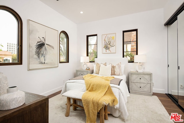 bedroom with dark hardwood / wood-style floors and a closet