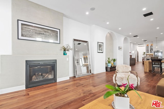 living room featuring a large fireplace and hardwood / wood-style flooring