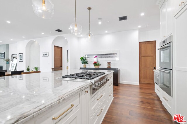 kitchen with dark hardwood / wood-style floors, pendant lighting, white cabinetry, stainless steel appliances, and light stone counters