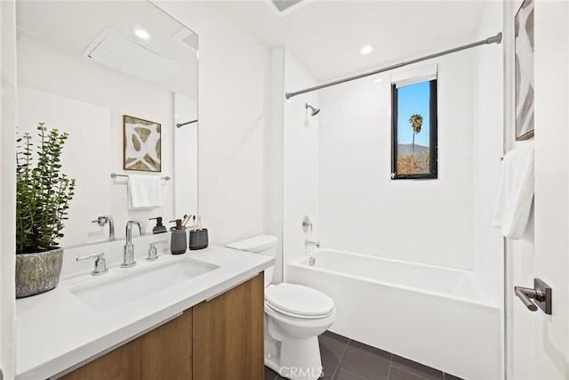 full bathroom featuring shower / bathtub combination, toilet, vanity, and tile patterned flooring