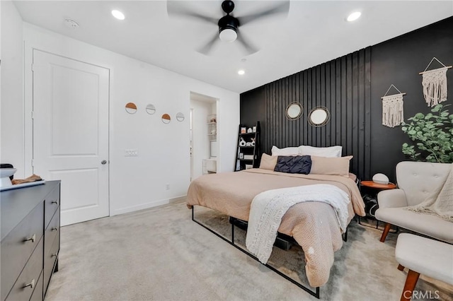 carpeted bedroom featuring ceiling fan