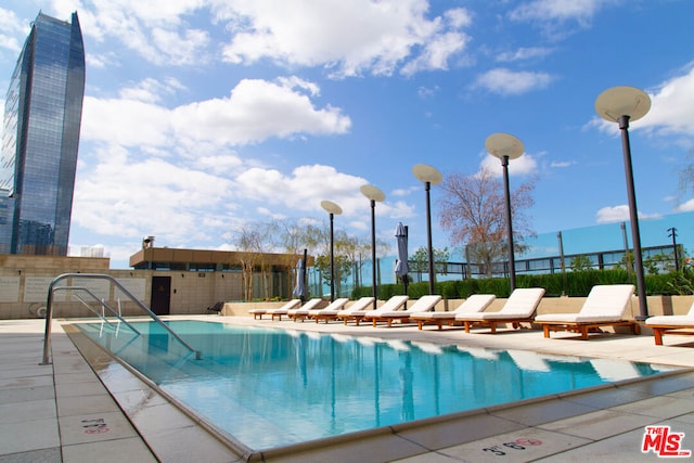 view of swimming pool with a patio