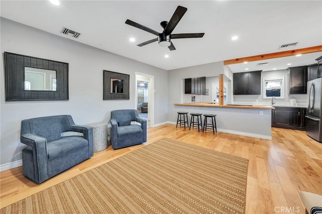 living room featuring ceiling fan and light wood-type flooring