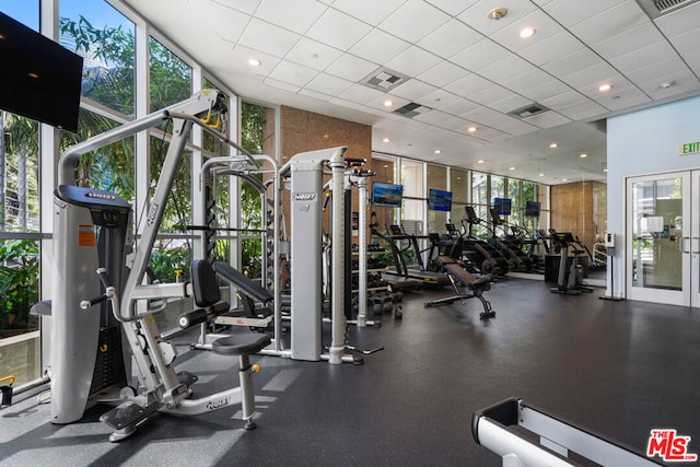 gym with a wealth of natural light, a wall of windows, and a drop ceiling