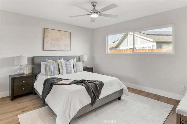 bedroom with ceiling fan and light hardwood / wood-style floors