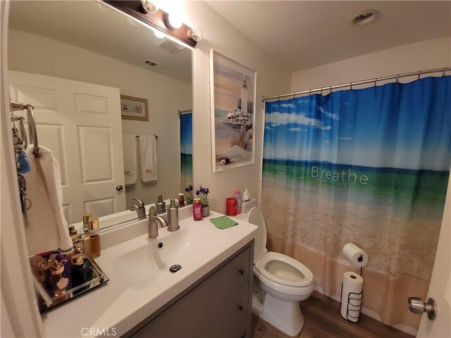 bathroom featuring toilet, vanity, and wood-type flooring