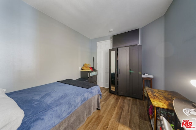 bedroom with dark hardwood / wood-style floors