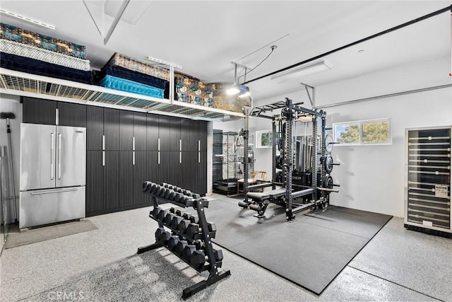 workout area featuring beverage cooler