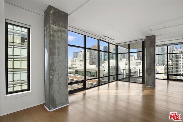 empty room with a healthy amount of sunlight, floor to ceiling windows, and hardwood / wood-style floors