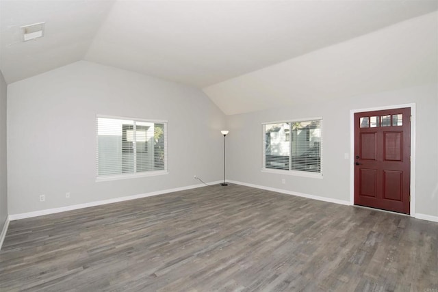 interior space featuring lofted ceiling, dark hardwood / wood-style floors, and a wealth of natural light