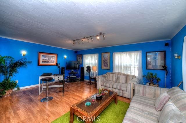 living room with hardwood / wood-style floors and track lighting