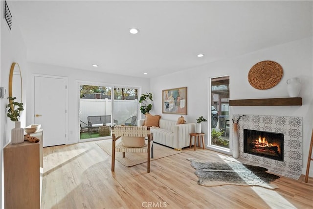 living room with light hardwood / wood-style floors and a fireplace