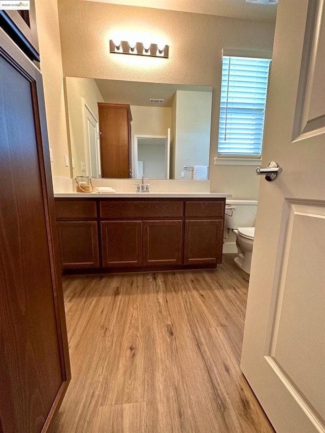 bathroom featuring hardwood / wood-style flooring, toilet, and vanity