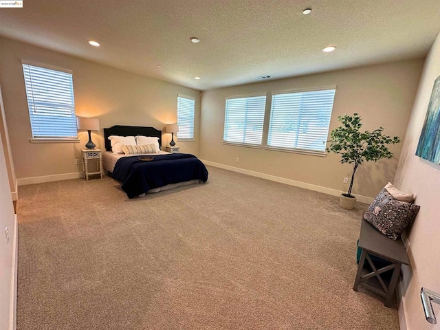 carpeted bedroom with a textured ceiling