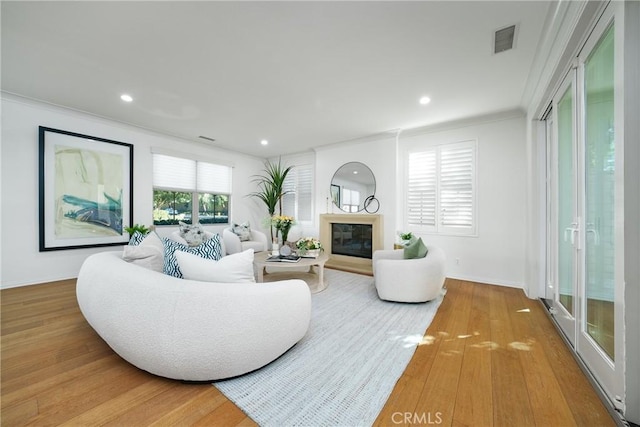 living room with crown molding and wood-type flooring