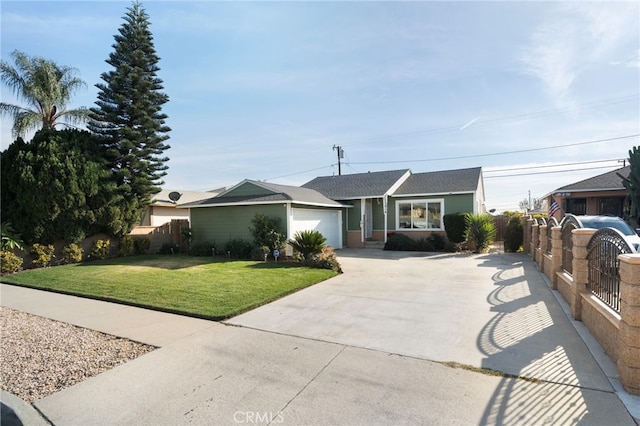 ranch-style home with a garage and a front lawn