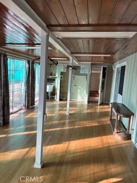 interior space with sink, dark hardwood / wood-style floors, and wood ceiling