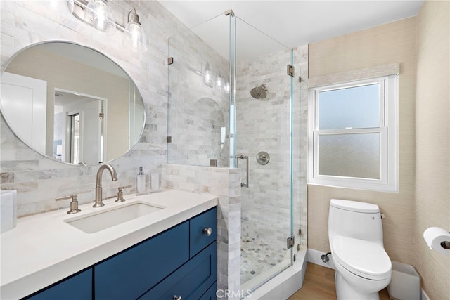 240 Moss St Unit 4, Laguna Beach, CA 92651 - full bath with toilet, vanity, a stall shower, tile walls, and wood finished floors