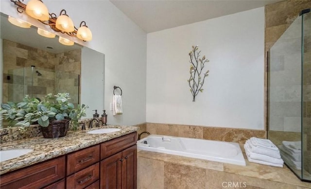 bathroom with separate shower and tub and vanity