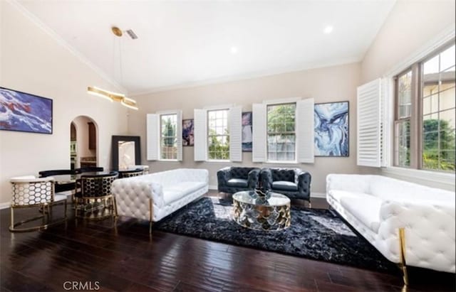 living room with vaulted ceiling, plenty of natural light, and hardwood / wood-style floors