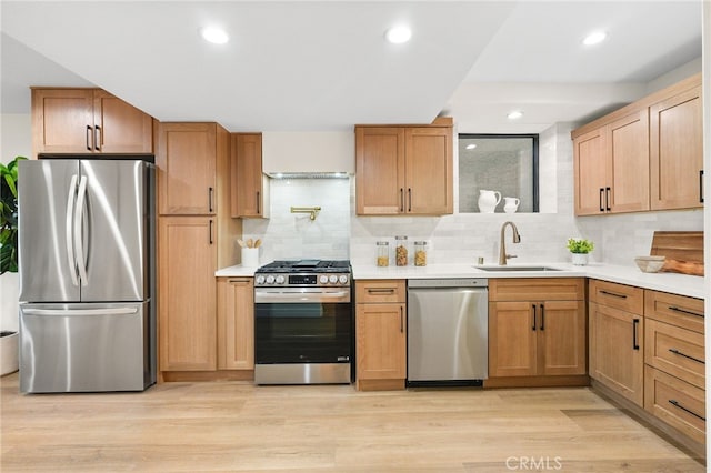 kitchen featuring appliances with stainless steel finishes, decorative backsplash, light hardwood / wood-style floors, and sink