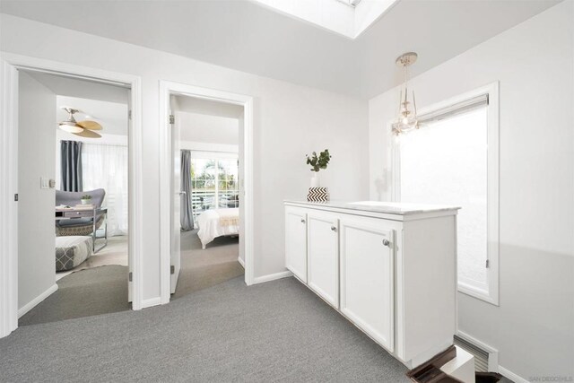 hall with a skylight and carpet flooring