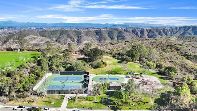 drone / aerial view featuring a mountain view