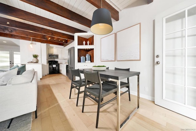 dining space with wood ceiling, light wood-type flooring, french doors, and beamed ceiling