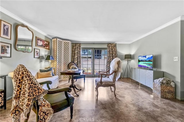 living area with ornamental molding